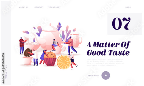 Tea Party Website Landing Page. Hot Beverage for Cold Season. Men and Women Drink Tea with Pastry, Lemon. Huge Cup with Hot Tea, Festive Winter Time Web Page Banner. Cartoon Flat Vector Illustration