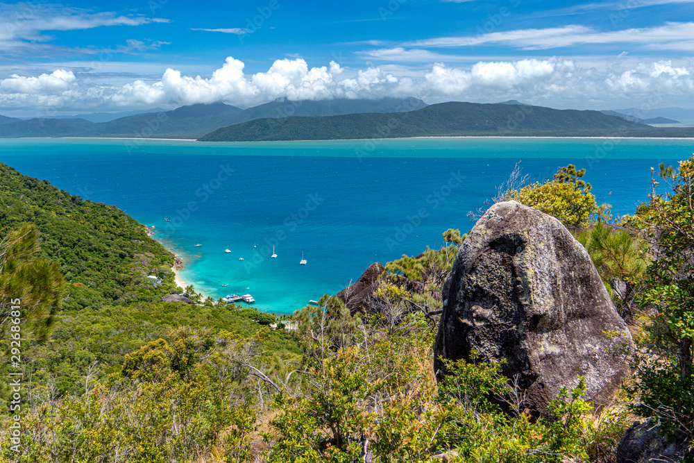 View of the bay, beach and jetty from the climb to the summit of Fitzroy Island, tropical north Queensland, Australia