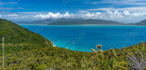 View of the bay, beach and jetty from the climb to the summit of Fitzroy Island, tropical north Queensland, Australia