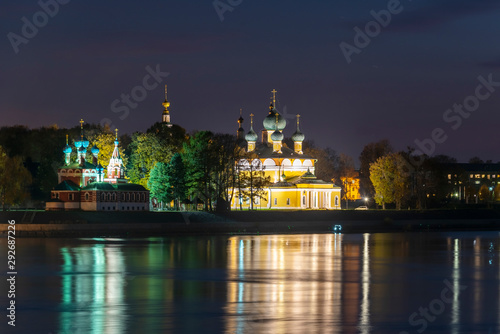 Picturesque view of town of Uglich from the Volga river. Golden Ring of Russia.