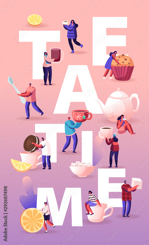 Tea Time Concept with Tiny Men and Women Drink Tea with Pastry, Rolling Lemon Slice to Huge Cup with Hot Tea, Festive Winter Time Party Poster, Banner, Flyer, Brochure Cartoon Flat Vector Illustration
