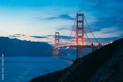 Sunset at the iconic Golden Gate Bridge in San Francisco, California. travel destination, bucket list, tourism, discover USA, United States of America