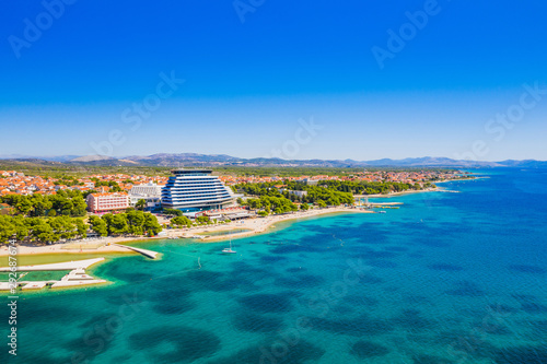Dalmatian town of Vodice and amazing turquoise beaches aerial view, Croatia
