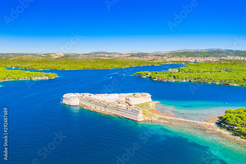 Old stone St. Nicholas fortress at Sibenik bay entrance, archipelago od Dalmatia, Croatia, drone aerial shot