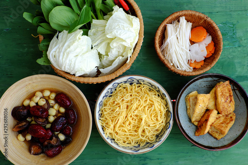 Prepare food ingredient to cook homemade vegan noodles soup