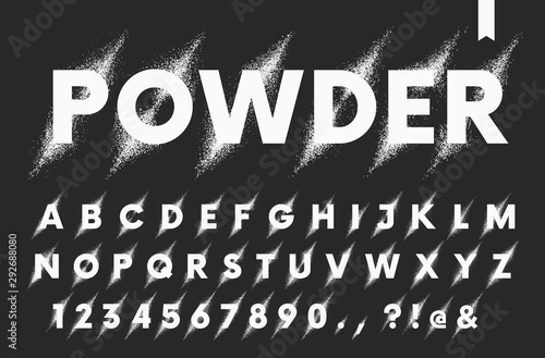 Vector set of latin alphabet, explosion of powder or paint in a diagonal direction, destruction of particles, detailed font isolated letters and numbers on a dark background