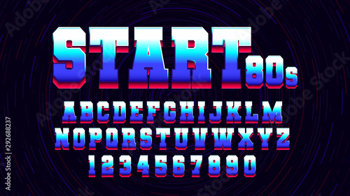 Retro futuristic latin font from video games, vector geometric letters and numbers with gradient for sport or game design