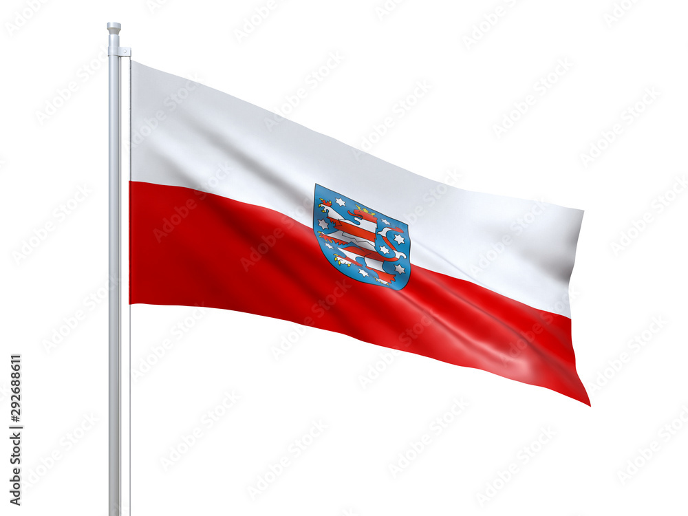 Naklejka premium Thuringia flag waving on white background, close up, isolated. 3D render