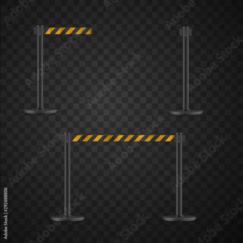Retractable belt stanchion set, portable ribbon barrier.