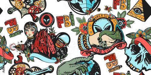 Space invaders seamless pattern. Conspiracy theory. Retro sci-fi. Old movie style. Obey and consume. Traditional tattooing art