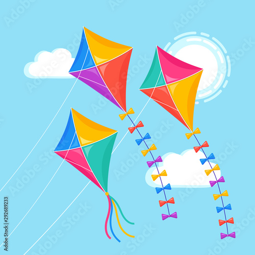 Colorful kite flying in blue sky, sun isolated on background. Summer, spring holiday, toy for child. Vector flat design.