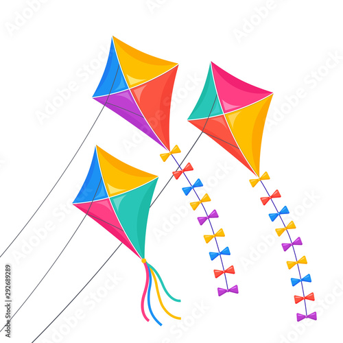 Colorful kite fly in sky isolated on white background. Summer, spring holiday, toy for child. Vector flat design.