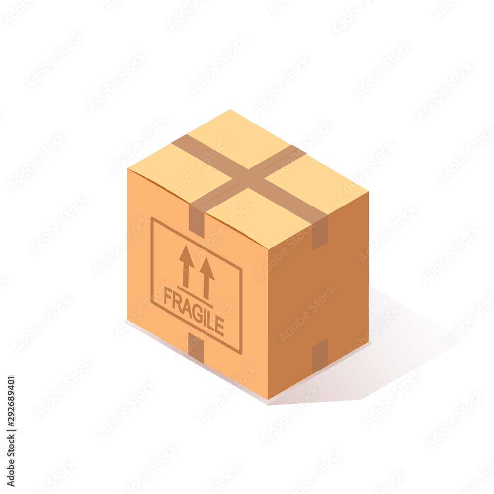3d isometric closed carton, cardboard box isolated on white background. Transportation package in store, distibution concept. Vector cartoon design 3d isometric closed carton, cardboard box isolated on white background. Transportation package in store, distibution concept. Vector cartoon design
