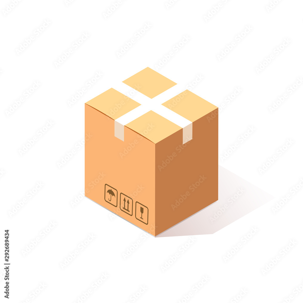 3d isometric closed carton, cardboard box isolated on white background. Transportation package in store, distibution concept. Vector cartoon design 3d isometric closed carton, cardboard box isolated on white background. Transportation package in store, distibution concept. Vector cartoon design