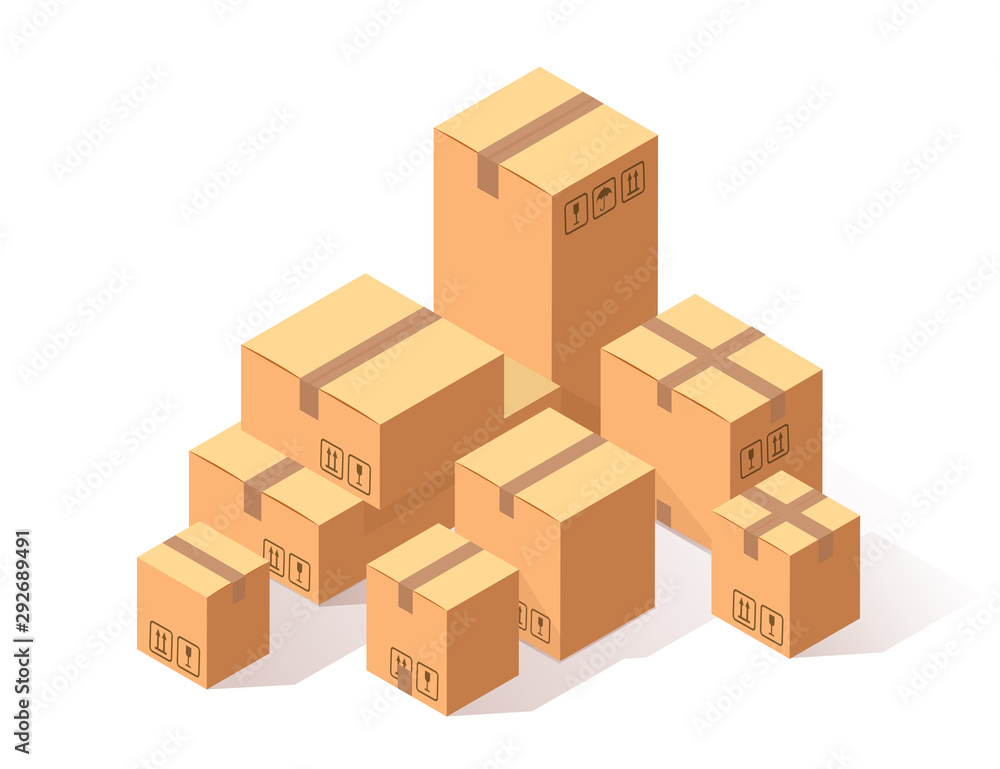 Set of 3d isometric carton, cardboard box isolated on white background. Transportation package in store, distibution concept. Vector cartoon design