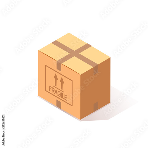 3d isometric closed carton, cardboard box isolated on white background. Transportation package in store, distibution concept. Vector cartoon design