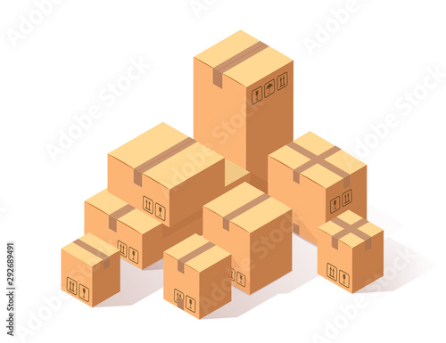 Set of 3d isometric carton, cardboard box isolated on white background. Transportation package in store, distibution concept. Vector cartoon design