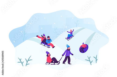 Happy Children Having Fun Sledding on Tubing and Sleds Downhill During Winter. Christmas and New Year Holidays. Wintertime Outdoors Activity Vacation Spare Time. Cartoon Flat Vector Illustration
