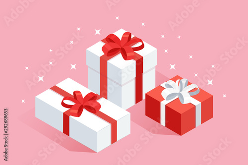 3d isometric gift box  present with ribbon  bow isolated on background. Christmas shopping concept. Surprise for anniversary  birthday  wedding. Vector cartoon design