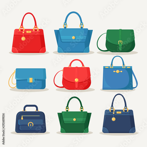 Feminine handbag for shopping, travel, vacation. Leather bag with handle isolated on white background. Beautiful casual collection of summer woman accessory. Vector flat design