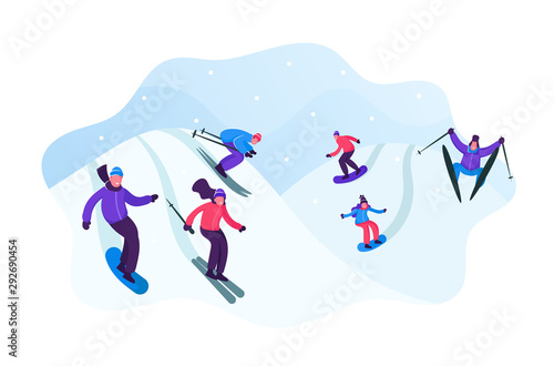 Adult People Dressed in Winter Clothing Skiing and Snowboarding. Male Female Riders Characters Having Fun and Winter Mountain Sports Activity. Resort Sport Spare Time Cartoon Flat Vector Illustration