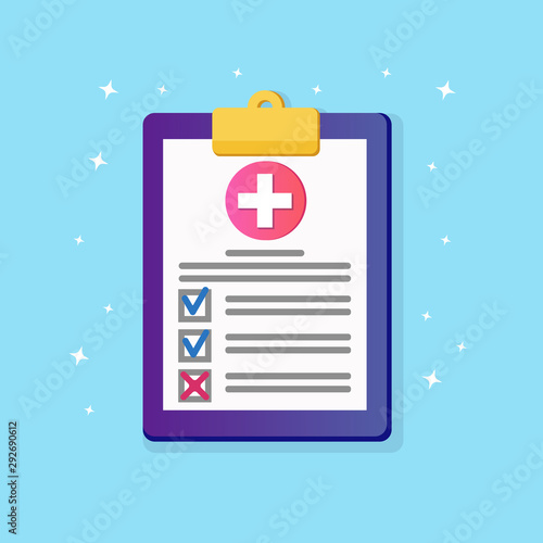 Health insurance document with cross sign, medical agreement isolated on background. Clinic diagnostic report on patient health. Hospital note, form for check up. Notepad with paper Vector flat design