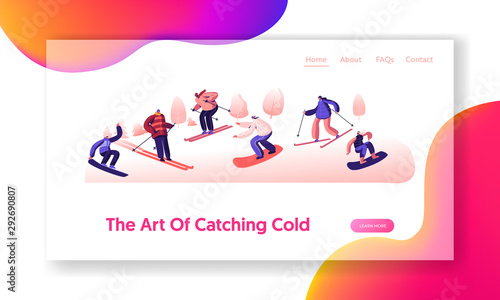 Sportswomen Having Fun on Ski Resort Website Landing Page. Happy People Riding Snowboard and Skis by Snow Slopes. Winter Time Season Holidays, Travel Web Page Banner. Cartoon Flat Vector Illustration