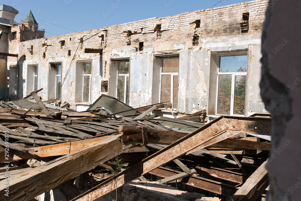 Abandoned room at home. The interior of the destroyed building. 