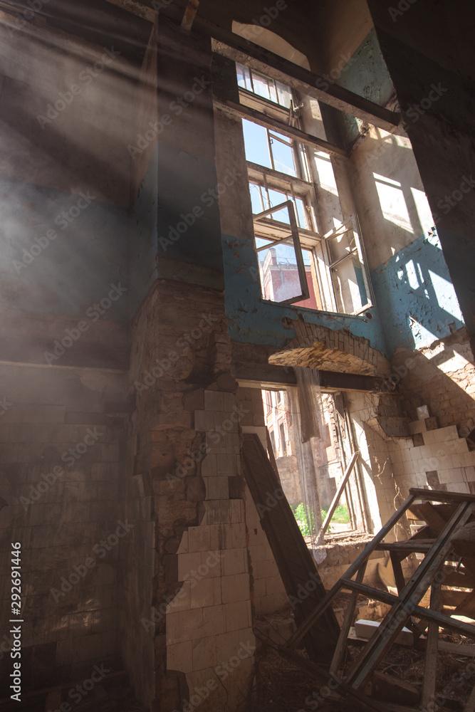 Destroyed old industrial building. Ruined house. Destroyed old industrial building. Ruined house.