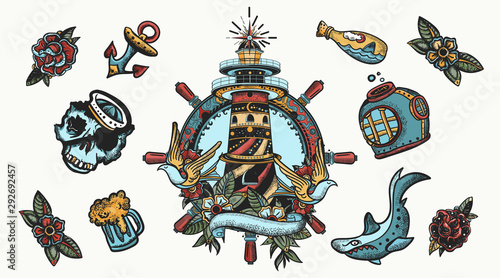Sea adventure elements. Old school tattoo collection. Lighthouse, anchor, shark and steering wheel. Nautical elements. Traditional tattooing style