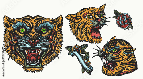 Tigers. Old school tattoo collection. Asian wild cats. Oriental style. Isolated elements. Traditional tattooing, japan style