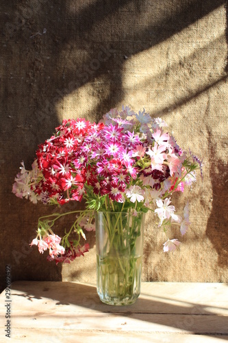 Multi-colored flowers stand in a vase on a wooden table, lit by the bright sun.