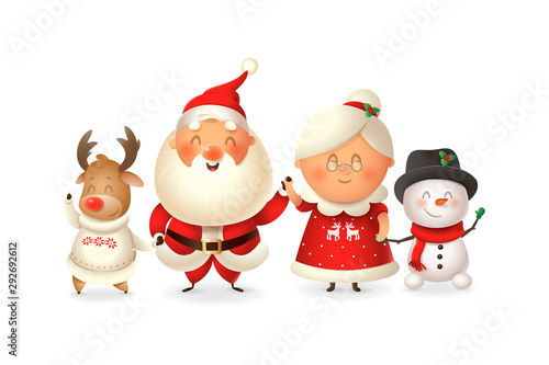 Santa with family celebrate holidays - Reinder, Snowman and Mrs Claus - vector illustration isolated on transparent background