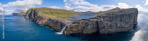 Leitisvatn lake and Bosdalafossur waterfall on Vagar island aerial view, Faroe Islands 32:9