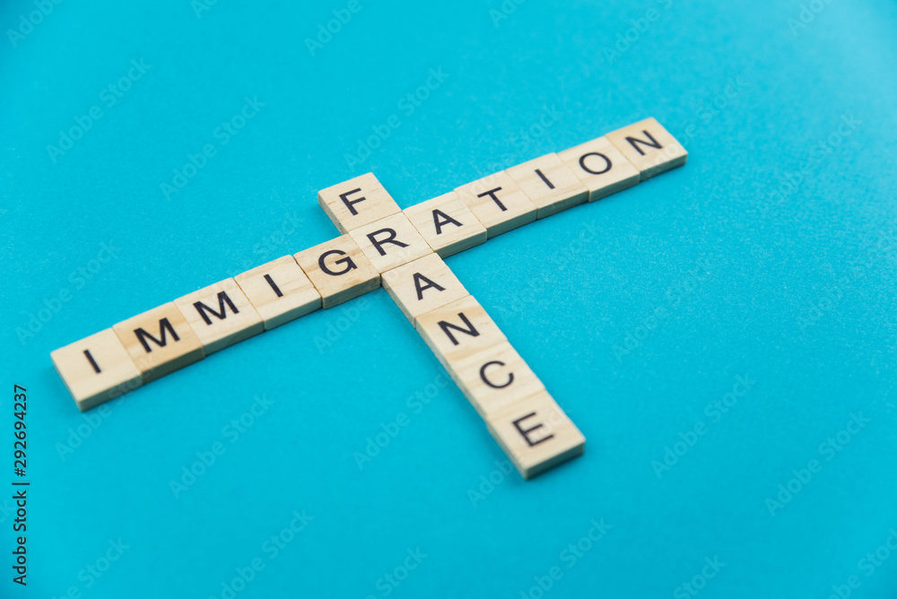 Immigration minimalistic concept. Isolated wooden letter blocks with word cloud Immigration to France Immigration minimalistic concept. Isolated wooden letter blocks with word cloud Immigration to France