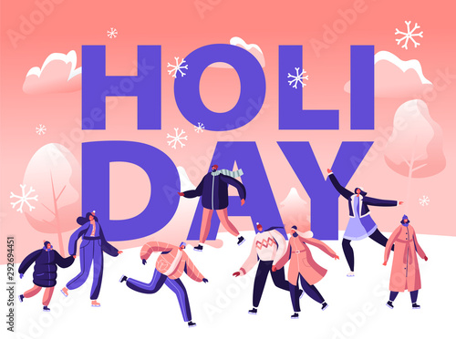 Winter Holidays Festive Season Concept. Happy People Skating on Ice Rink Engaged Winter Activities and Sports. Family Spare Time Poster, Banner, Flyer, Brochure. Cartoon Flat Vector Illustration