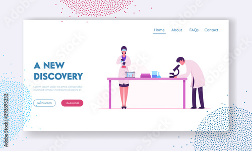 Chemistry Science Staff at Work Website Landing Page. Scientists Conducting Scientific Experiment in Science Laboratory with Microscope and Flasks Web Page Banner. Cartoon Flat Vector Illustration