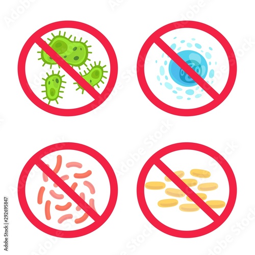 No germs. Clean antibacterial control and antiseptic antiviral in hospital flat vector icon set