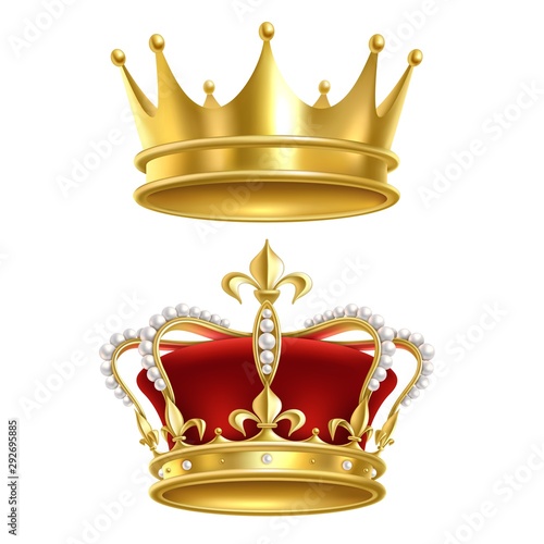 Real royal crown. Imperial gold luxury monarchy medieval crowns for heraldic sign isolated realistic vector set on white background