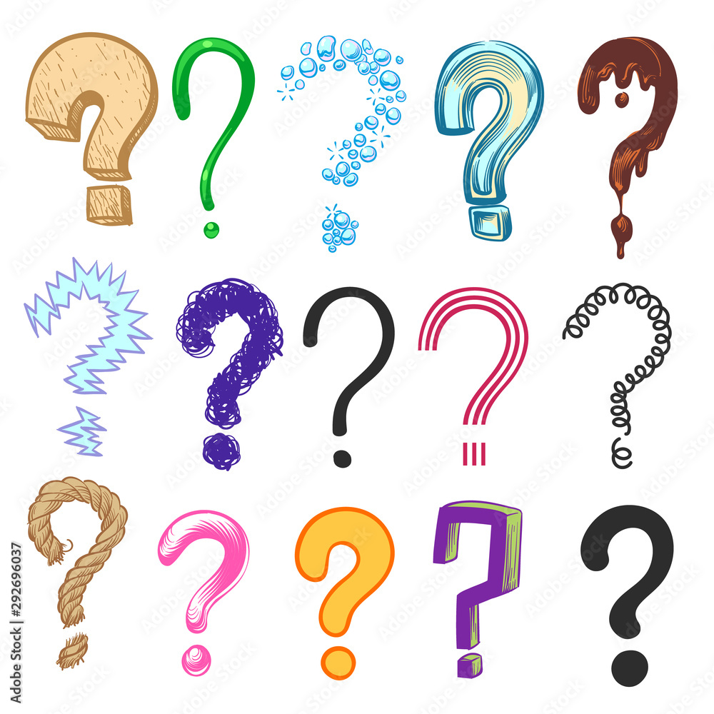 Question marks. Hand drawn color interrogation icons, sketch ask question symbols. Doodle vector set Question marks. Hand drawn color interrogation icons, sketch ask question symbols. Doodle vector set