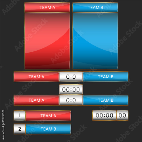 Scoreboard mockup set for sports team game or broadcast football computer game, collection info match boards and statistic timer for tournament