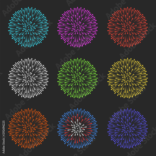 Set of multicolored flashes of fireworks mockup. Pyrotechnic template element for the decor of the holiday, festival or carnival.