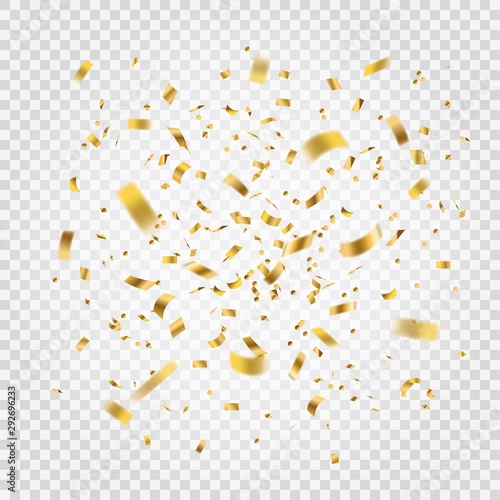 Golden confetti. Gold tinsel explosion and foil ribbons, realistic yellow glitter serpentine. Carnival and grand opening isolated elements, vector background