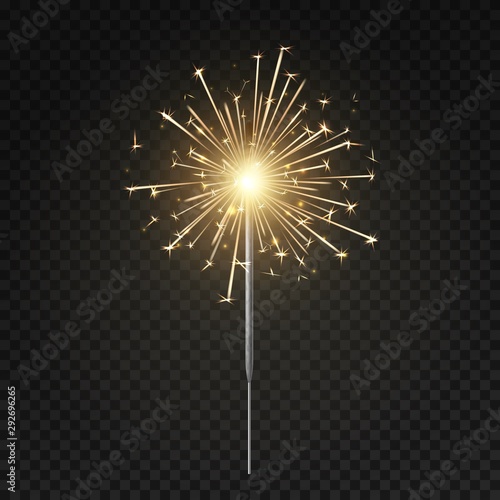 Bengal light. Burning sparkler, christmas, new year and happy birthday sparkling candle, firework isolated vector illustration