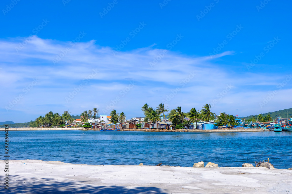 Landscape of small village in seashore Phu Quoc, Kien Giang, Vietnam. Royalty high quality free stock image of sea landscape. Phu Quoc island is a popular tourist destination.