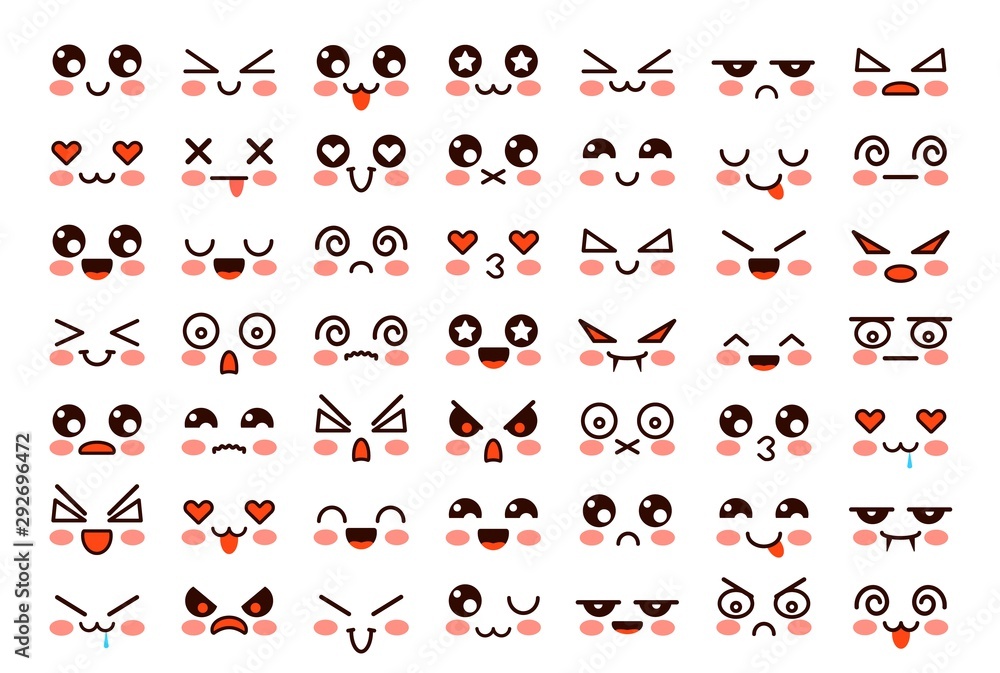 Kawaii Faces Cute Cartoon Emoticon With Different Emotions Funny Japanese Emoji With Eyes And 