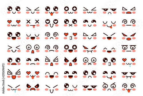 Kawaii faces. Cute cartoon emoticon with different emotions. Funny japanese emoji with eyes and mouth, comic expressions vector characters