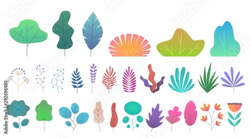 Flat minimal leaves. Simple green trees, branches and bushes. Trendy nature gradient plant and tropical foliage vector isolated set