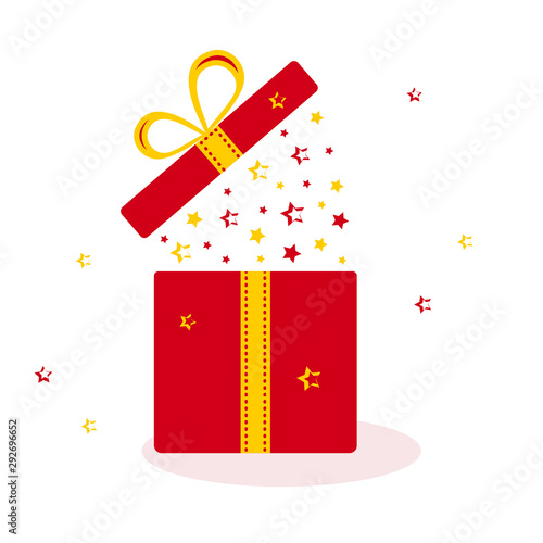 Red opened gift box with yellow and red stars. Vector