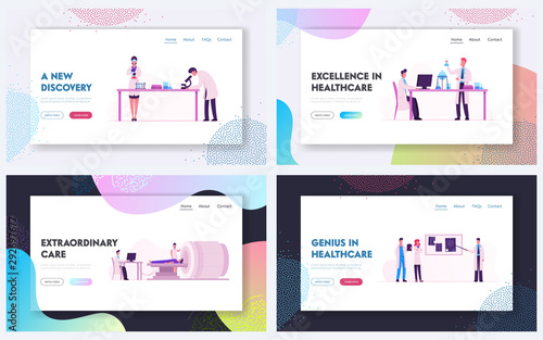 Mri Scanning Procedure, Chemistry Science Laboratory Website Landing Page Set. Magnetic Resonance Imaging Machine with Patient in Hospital, Scientists Web Page Banner. Cartoon Flat Vector Illustration